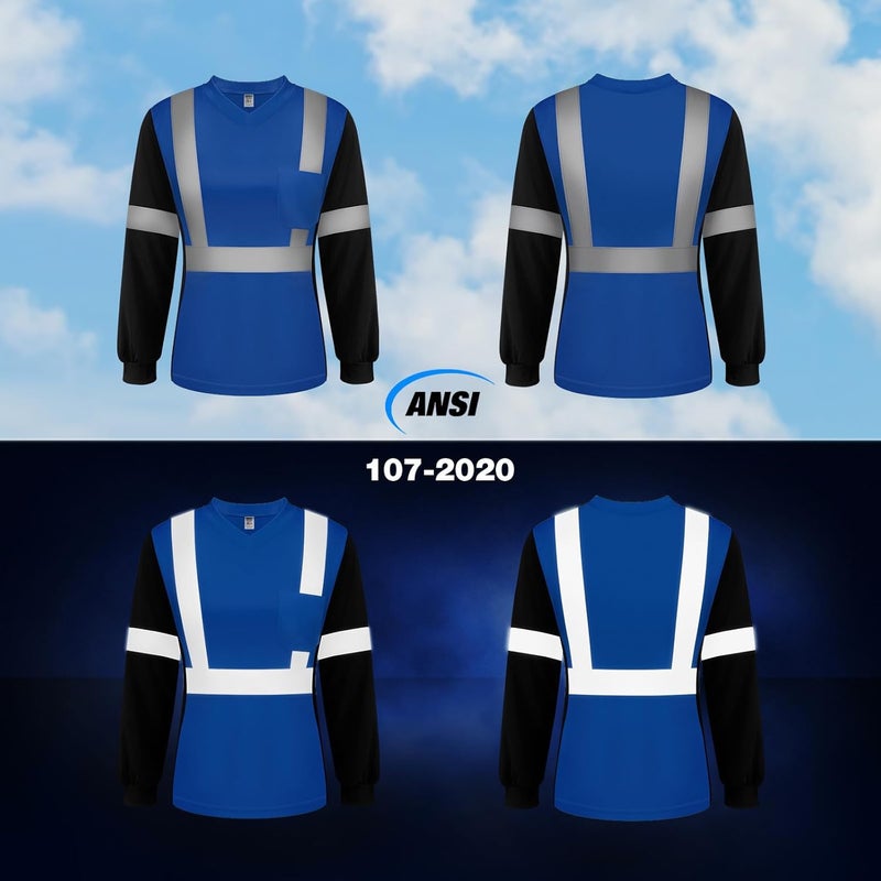 TCCFCCT Hi Vis Shirts for Women Class 3 Safety Shirt for Women Construction Work with Long Sleeves, Hi Vis Shirts for Women Driver and Night Running, Night Working,WP-Blue-LX XXL - Image 2